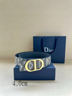 Designer belt by Dior, gray-blue monogram belt with gold CD buckle and holes.