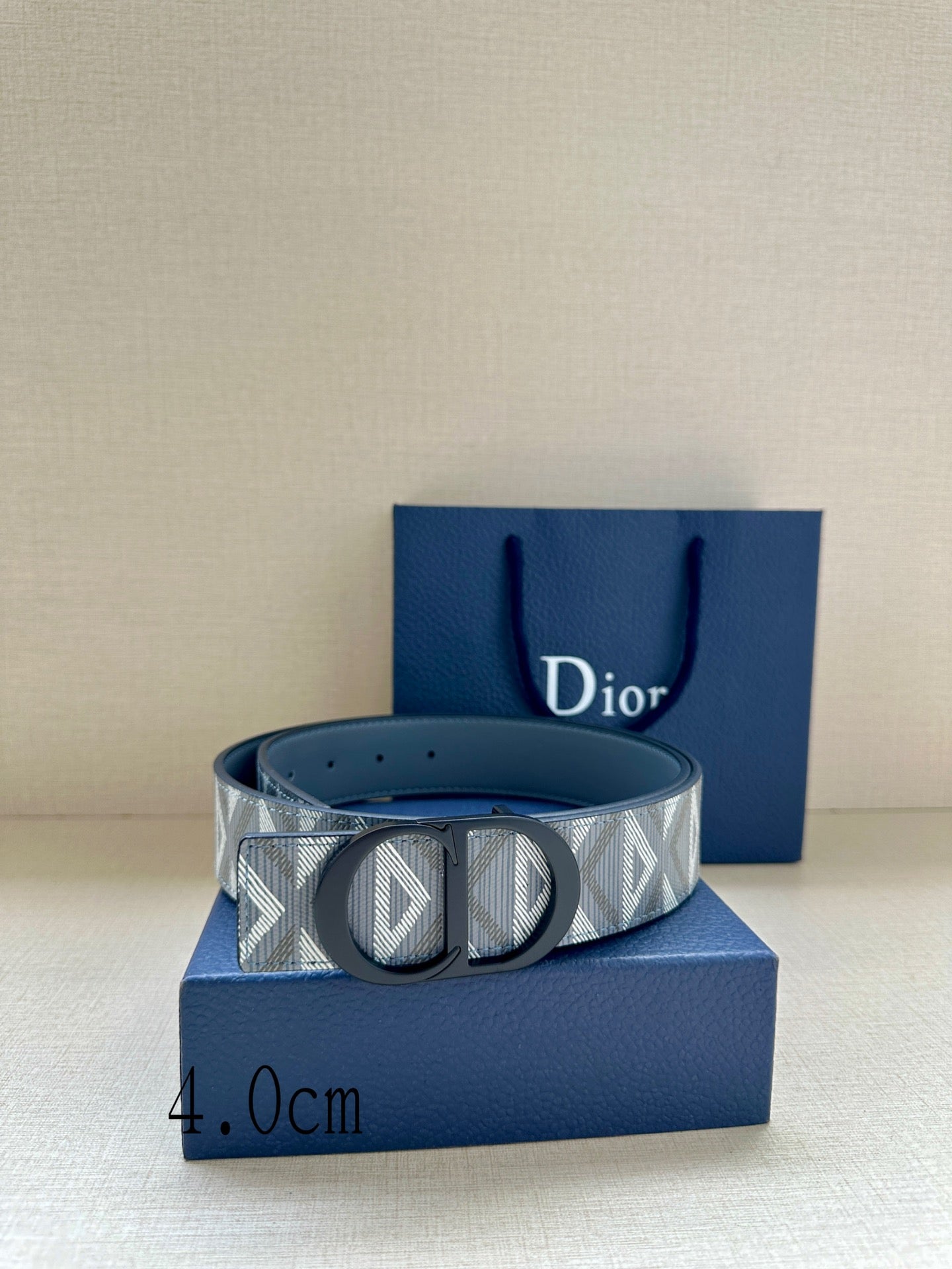 Dior belt with light blue patterned strap and black oval buckle