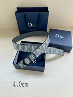 Dior belt with light blue patterned strap and black buckle, angled view