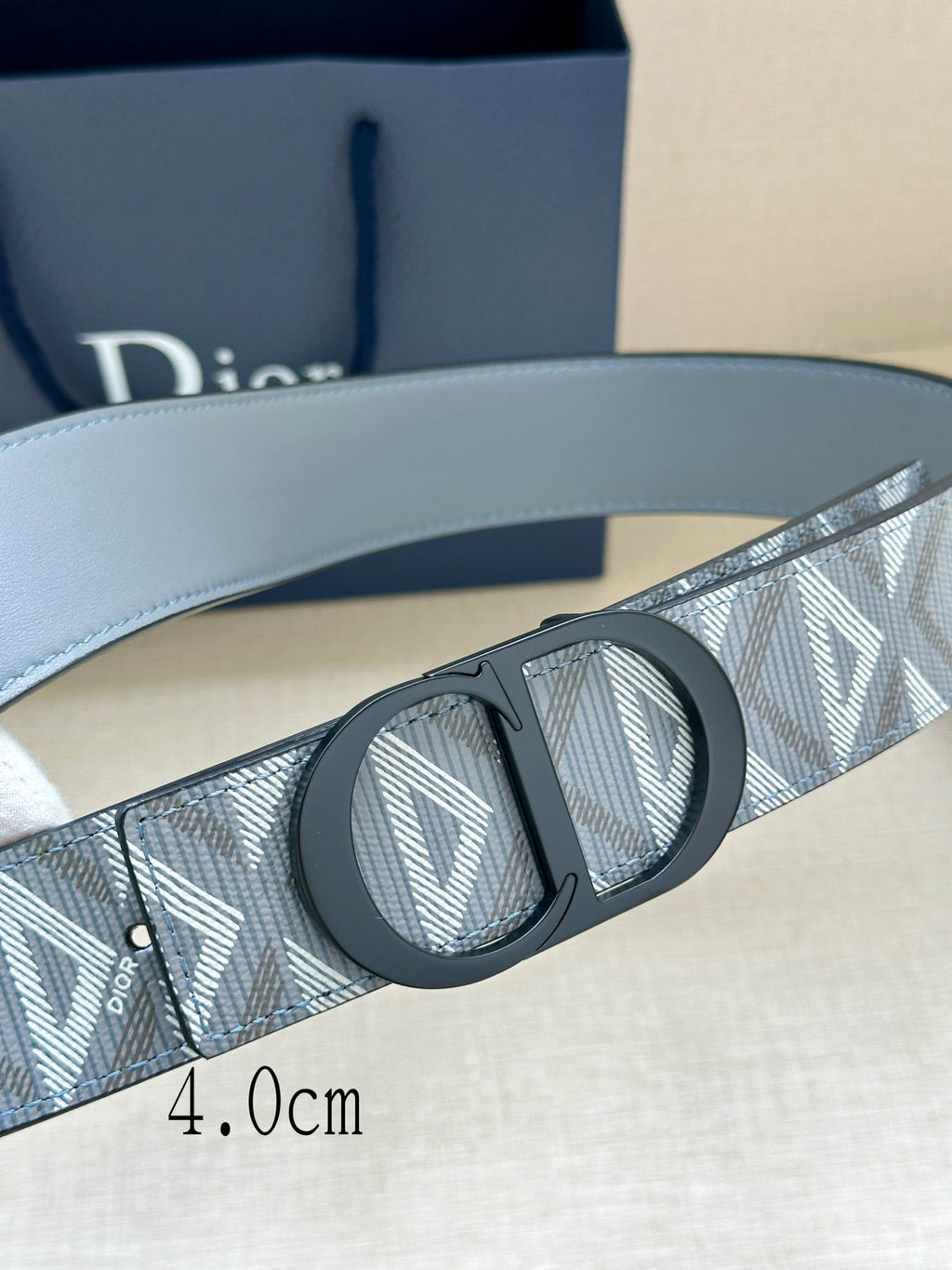 Dior belt detail: light blue patterned strap with black oval buckle