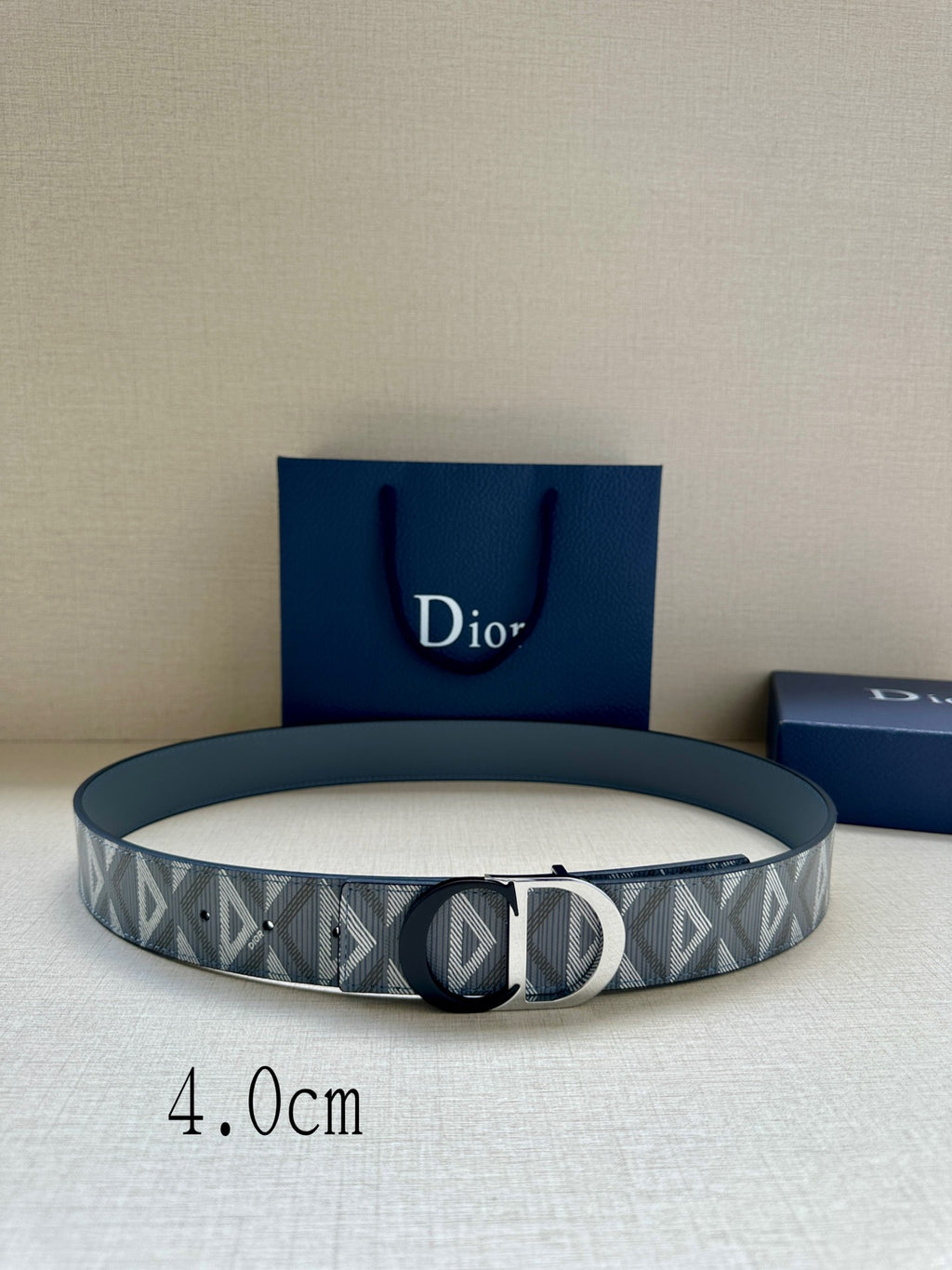 Logo-print belt in gray tones with silver-tone buckle, flat round view