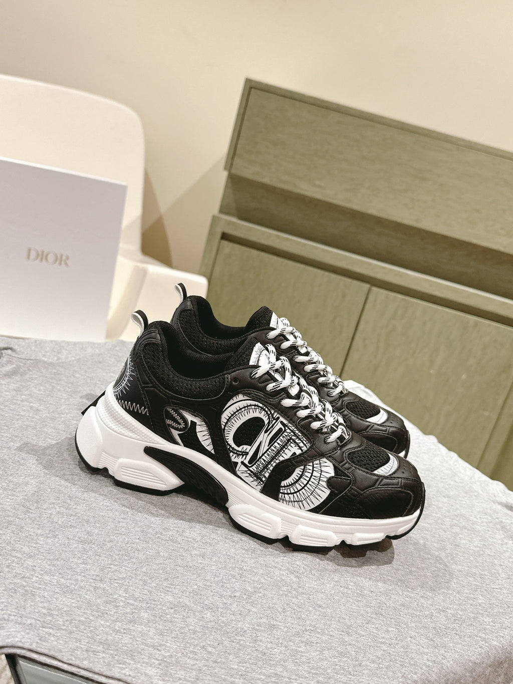 Unisex lace-up sneakers, black and white with chunky white sole