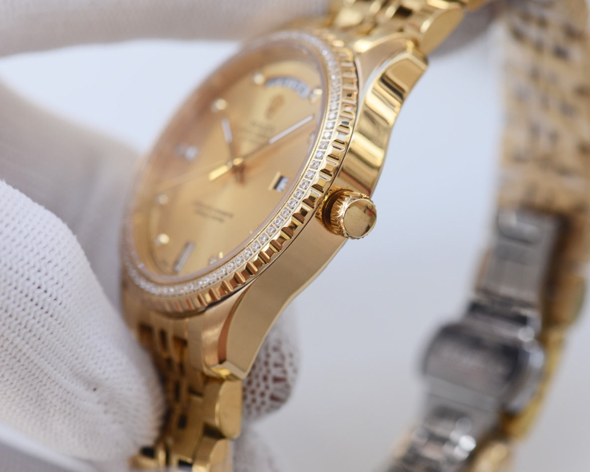 Rolex gold wristwatch close-up: diamond bezel, crown detail, champagne dial on strap