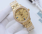 Rolex gold wristwatch with diamond bezel and gold-tone link bracelet, champagne dial
