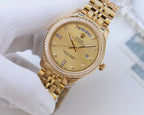 Rolex gold wristwatch with diamond bezel and gold-tone link bracelet, gold dial