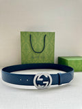 Gucci belt in dark blue leather with embossed pattern and round interlocking GG buckle