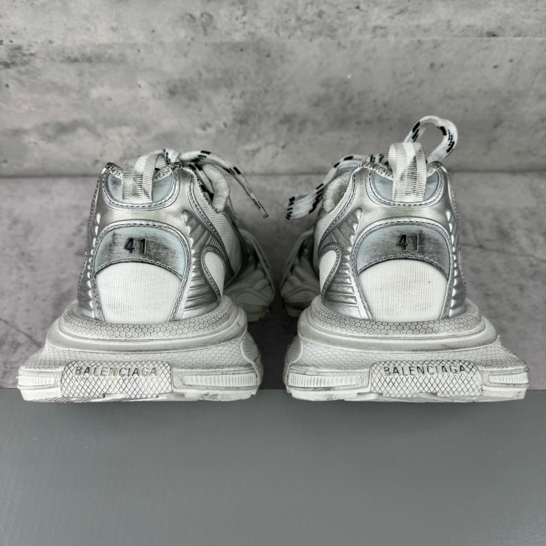Balenciaga silver sneakers, back view with heel details
