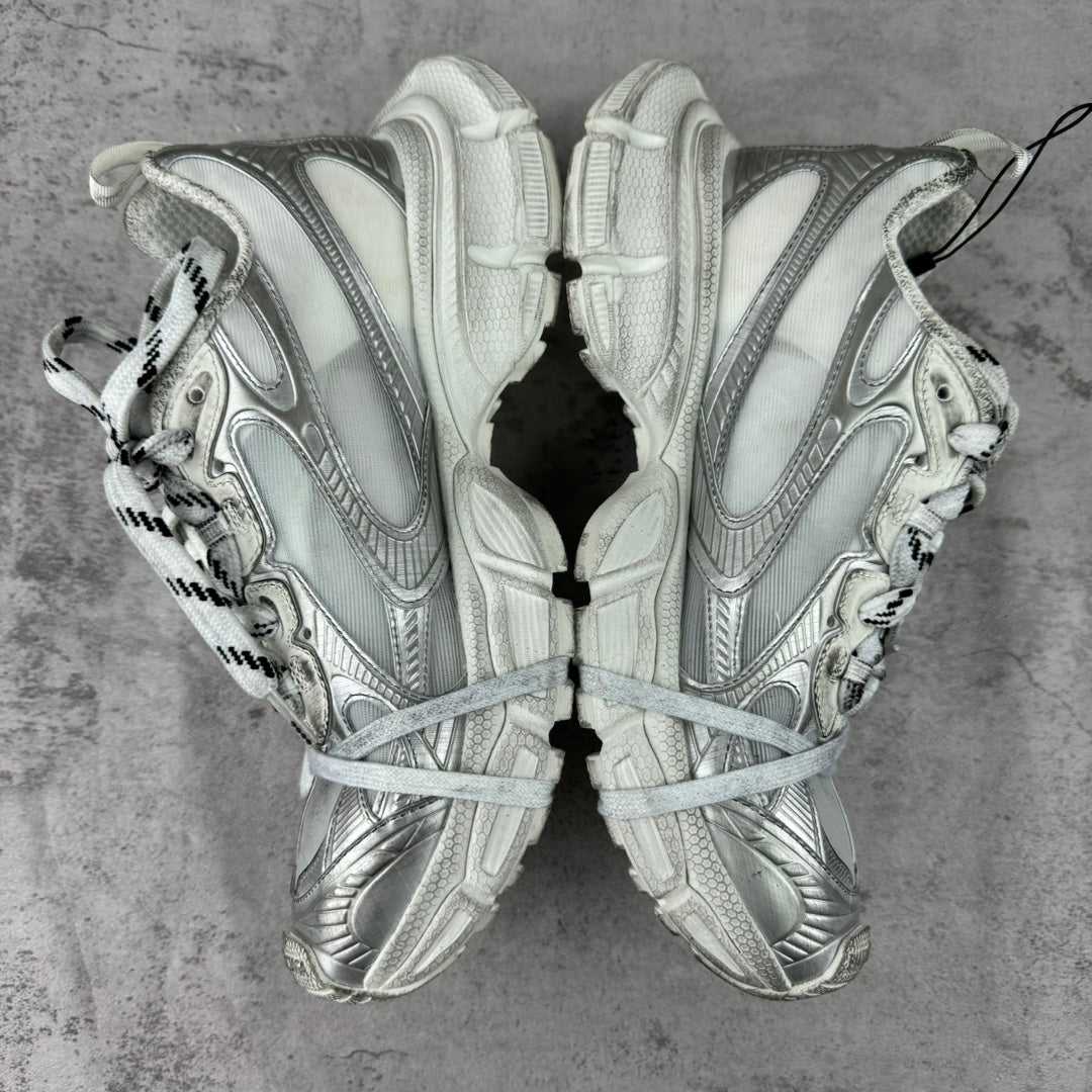 Balenciaga silver lace-up sneakers, front view with open laces