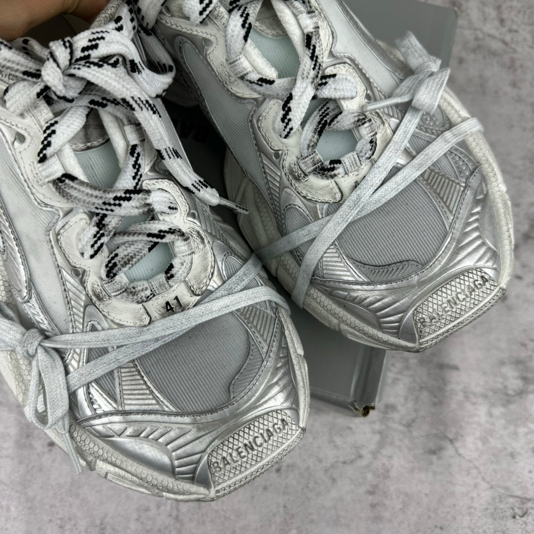 Balenciaga silver lace-up sneakers, top and toe close-up