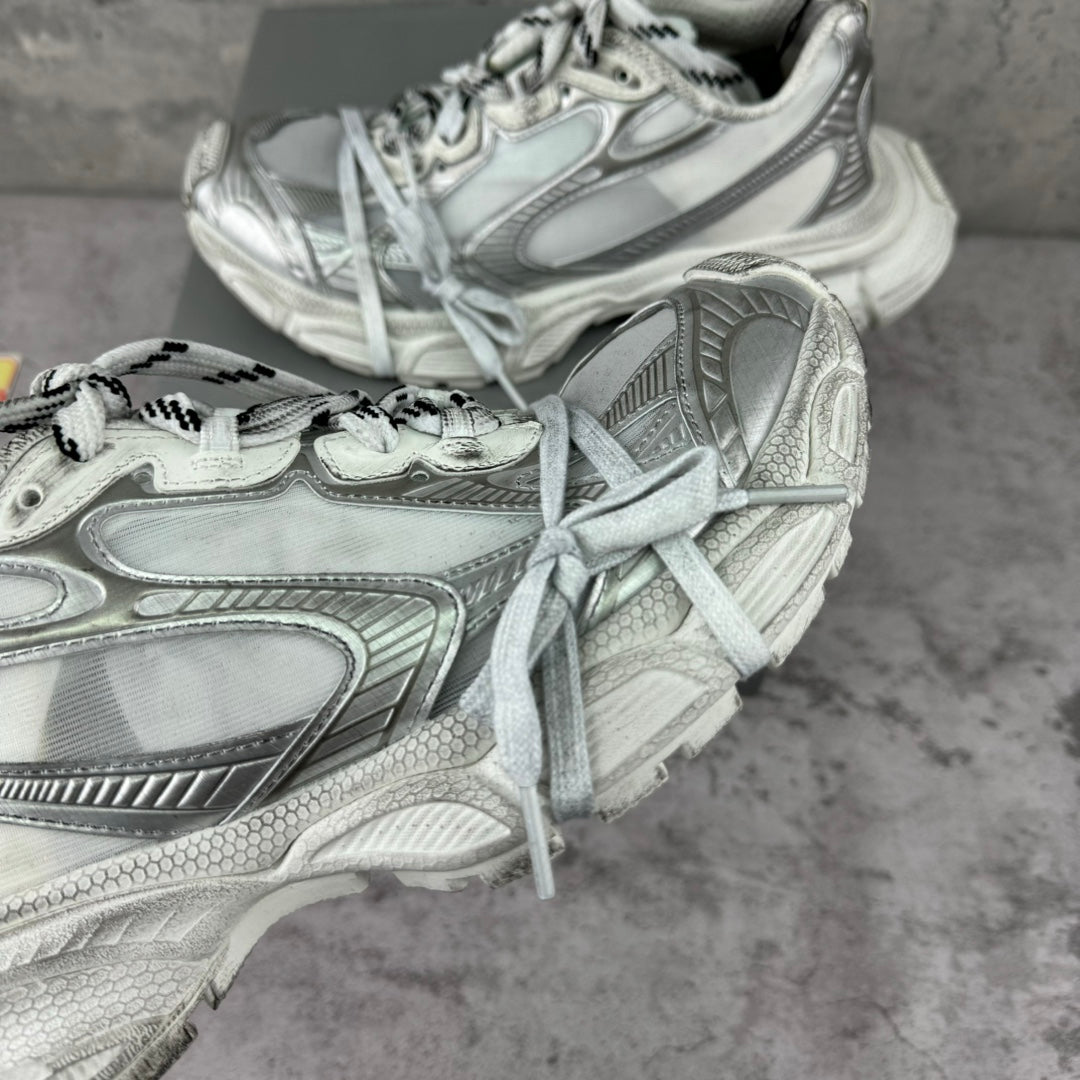 Balenciaga silver lace-up sneakers, close-up of side panels and laces