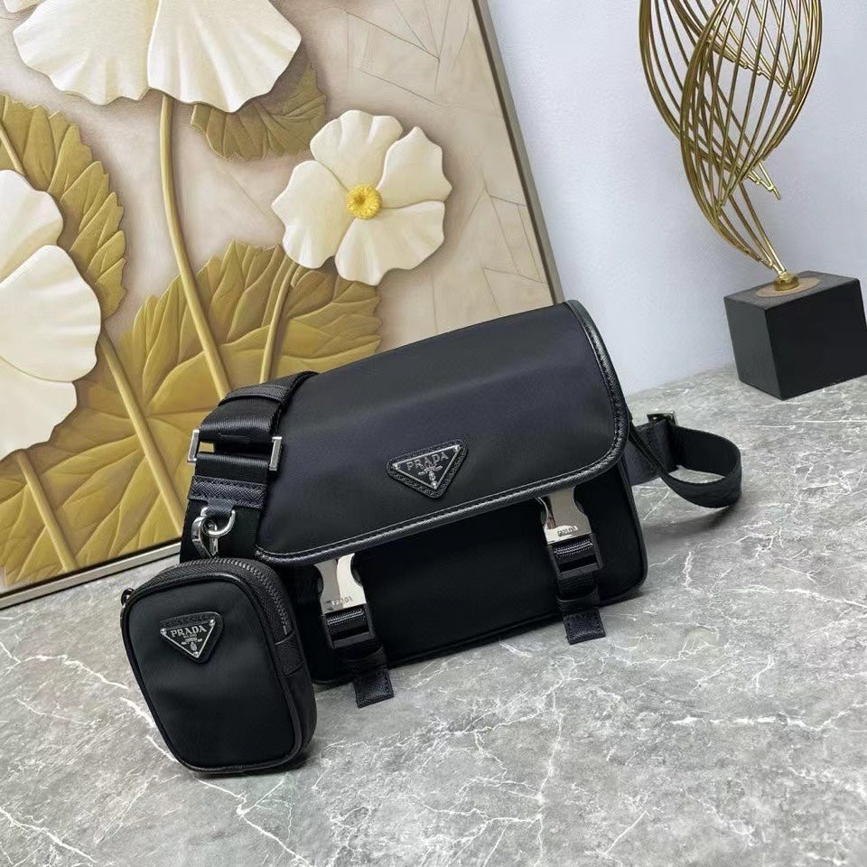 Prada bag set in black leather with flap, strap, and matching mini crossbody pouch.