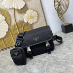 Prada bag set in black leather with flap, strap, and matching mini crossbody pouch.