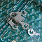 Goyard bag close-up: silver zipper pull and rings on teal patterned canvas