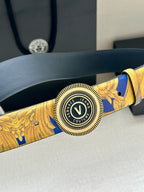Belt strap with gold and blue baroque print and round Versace logo buckle.