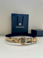 Versace belt with dark strap, gold baroque print, round Medusa logo buckle