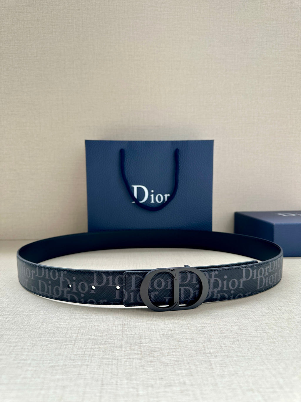 Dior belt in dark blue with repeating Dior print and silver-tone buckle