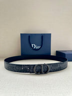 Dior belt in dark blue with repeating Dior print and silver-tone buckle