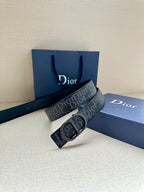 Dior belt with repeating Dior canvas strap and dark blue keeper with silver buckle