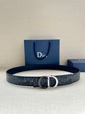 Dior Oblique belt with silver CD buckle and dark blue patterned strap