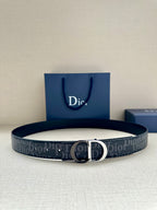 Dior Oblique belt with silver CD buckle and dark blue patterned strap
