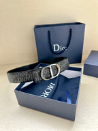 Dior Oblique belt with silver CD buckle and dark blue patterned strap