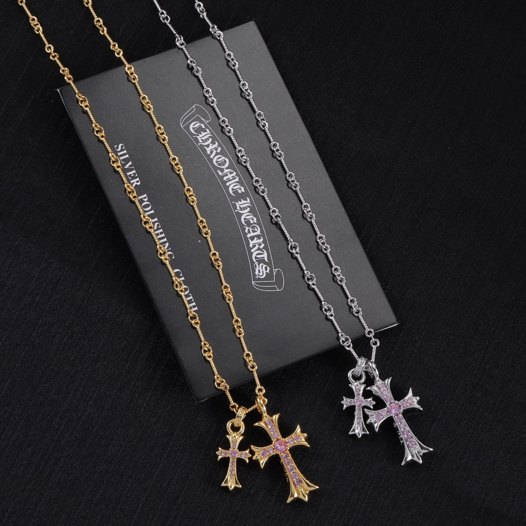 Set of cross pendant necklaces, gold and silver chains with purple stone accents