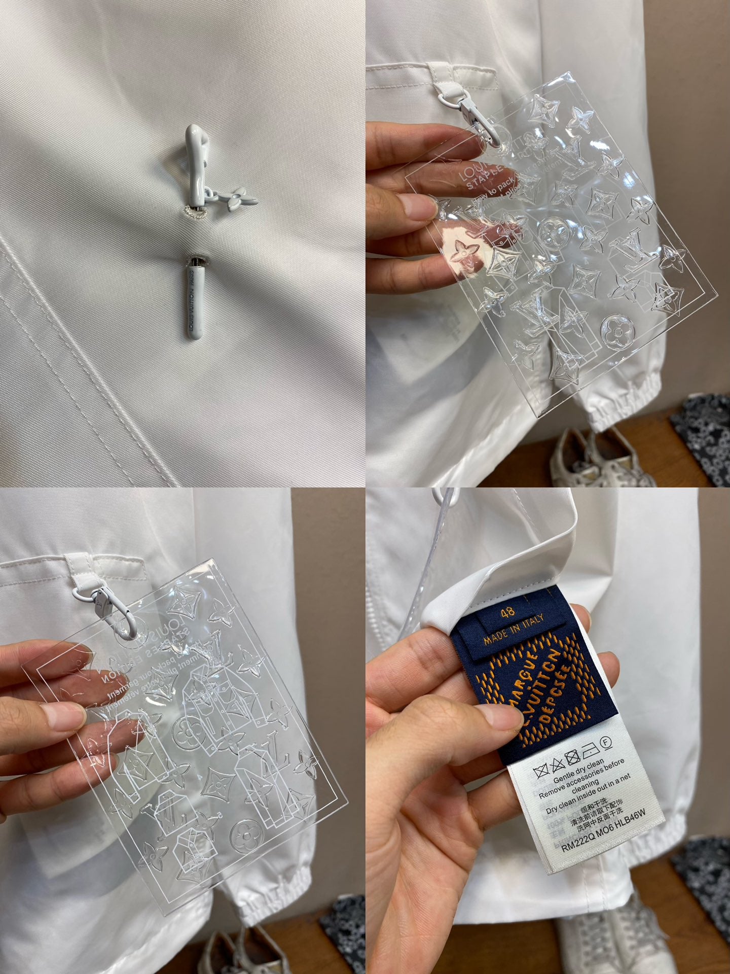 Louis Vuitton white monogram jacket details: zipper pull and hood cord with tag