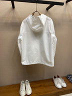 Louis Vuitton white hooded zip jacket, long sleeves, back view with hood and zipper