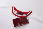 White Gucci T-shirt collar with red ribbed trim and attached Gucci tag