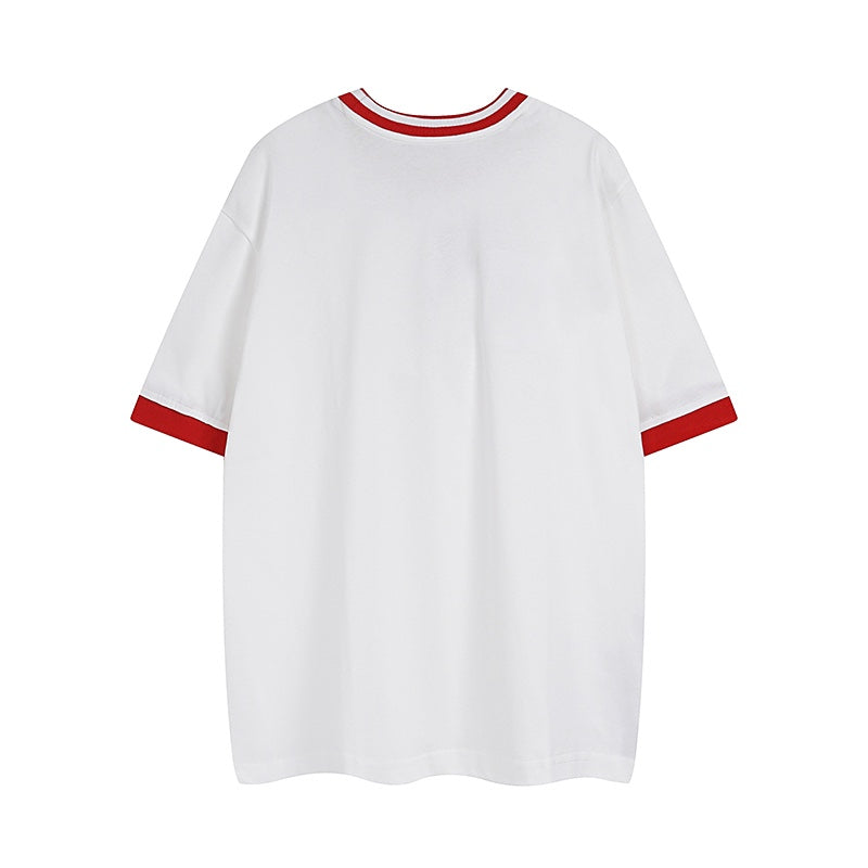 White Gucci T-shirt back view with red ribbed neckline and sleeve cuffs