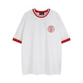 White Gucci T-shirt with red ribbed collar, sleeve cuffs, and chest logo patch