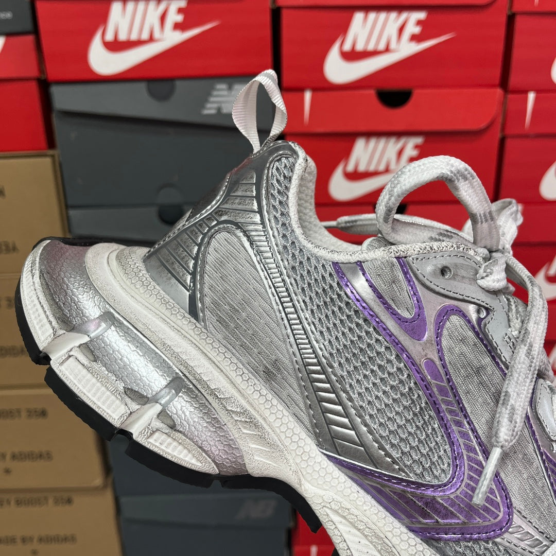 Unisex sneakers, metallic silver mesh upper with purple accent and white laces