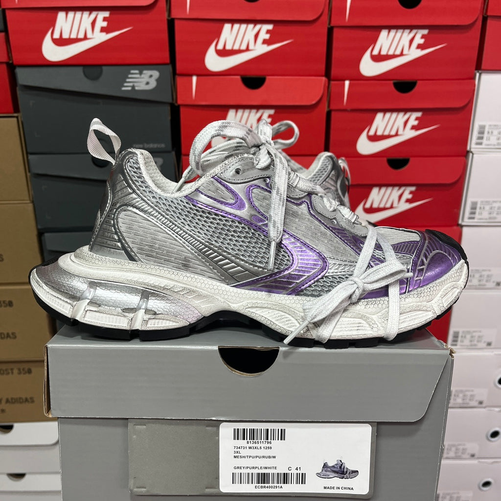 Unisex sneakers, metallic silver with purple logo panel and white lace-up front