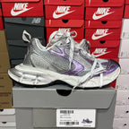 Unisex sneakers, metallic silver with purple logo panel and white lace-up front