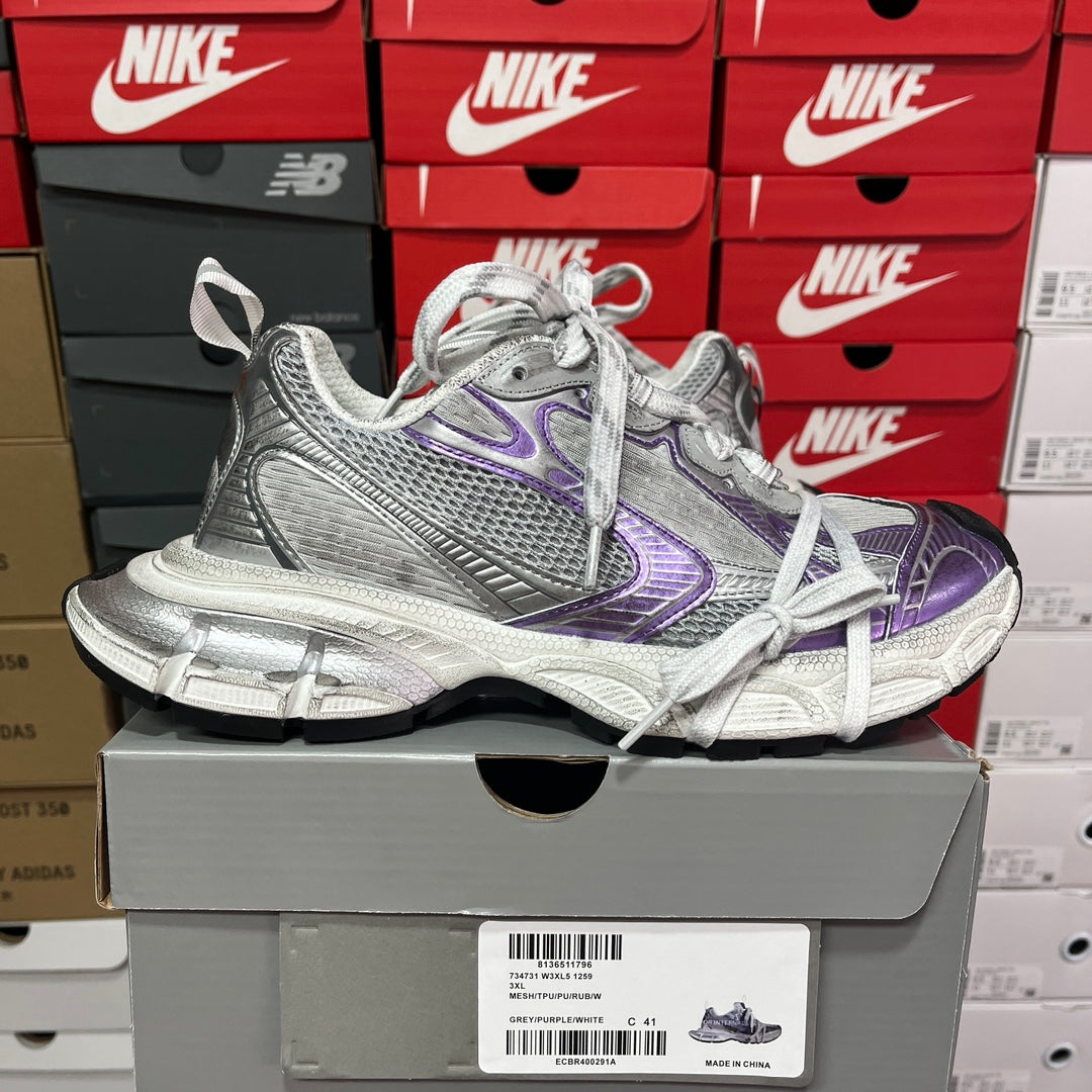 Unisex sneakers, metallic silver with purple logo panel and white lace-up front