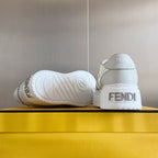 White Fendi unisex sneakers back view, padded heel tab and logo on heel.
