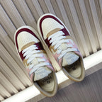 Colorblock sneakers with white, burgundy and blush panels, lace-up, perforated toe