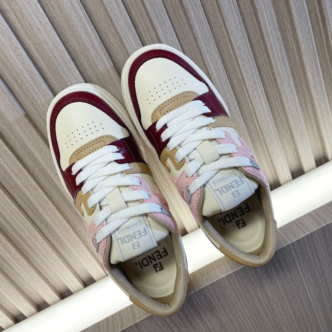 Colorblock sneakers with white, burgundy and blush panels, lace-up, perforated toe