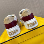 Back view sneakers with Fendi branding on heel and ankle tabs, burgundy and white colorblock