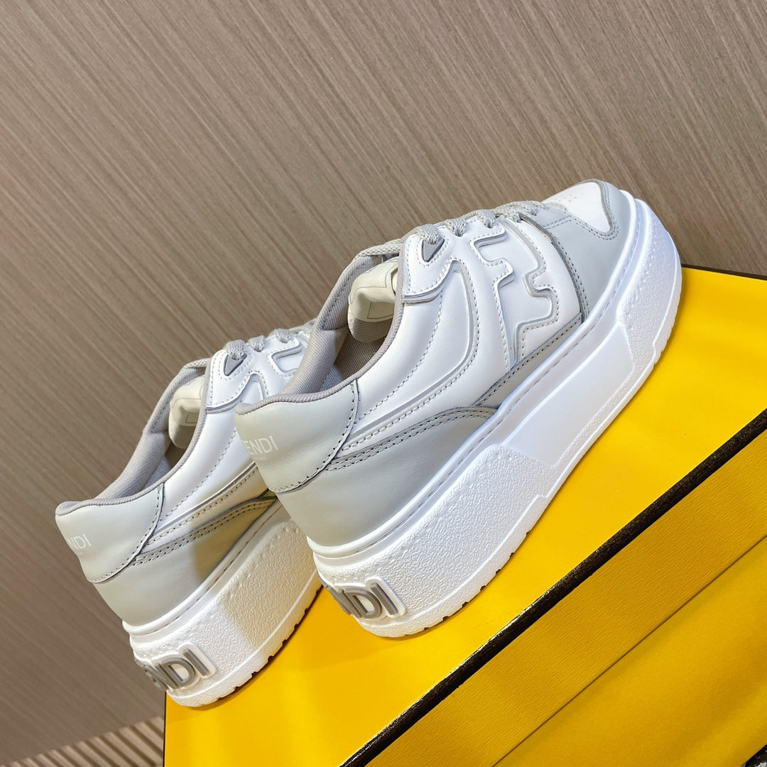 Fendi unisex sneakers, back and side view in white leather with logo on heel