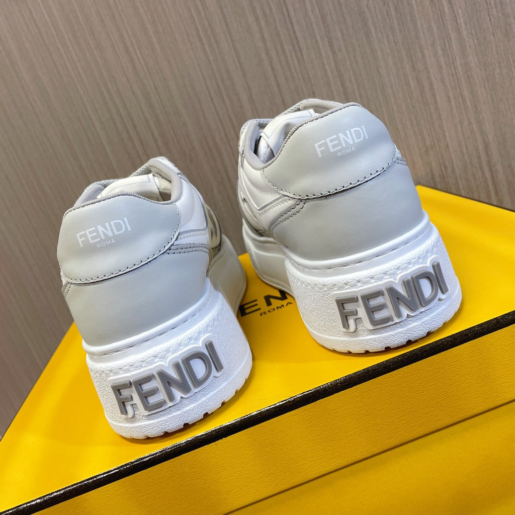 Fendi unisex sneaker heels, white leather with “FENDI” text on outsole heel tabs