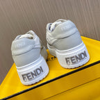 Fendi unisex sneaker heels, white leather with “FENDI” text on outsole heel tabs