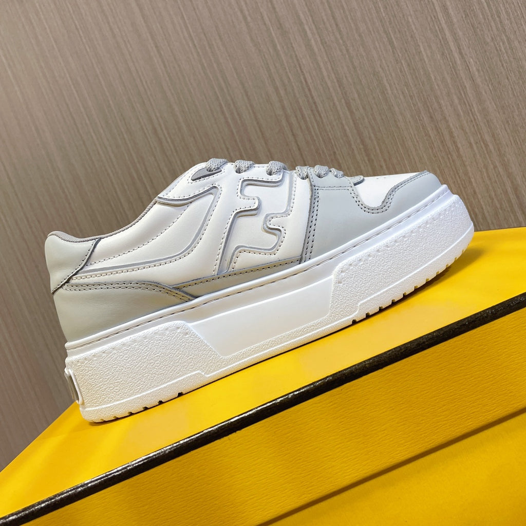 Fendi unisex sneakers, front side view in white leather with lace-up panels