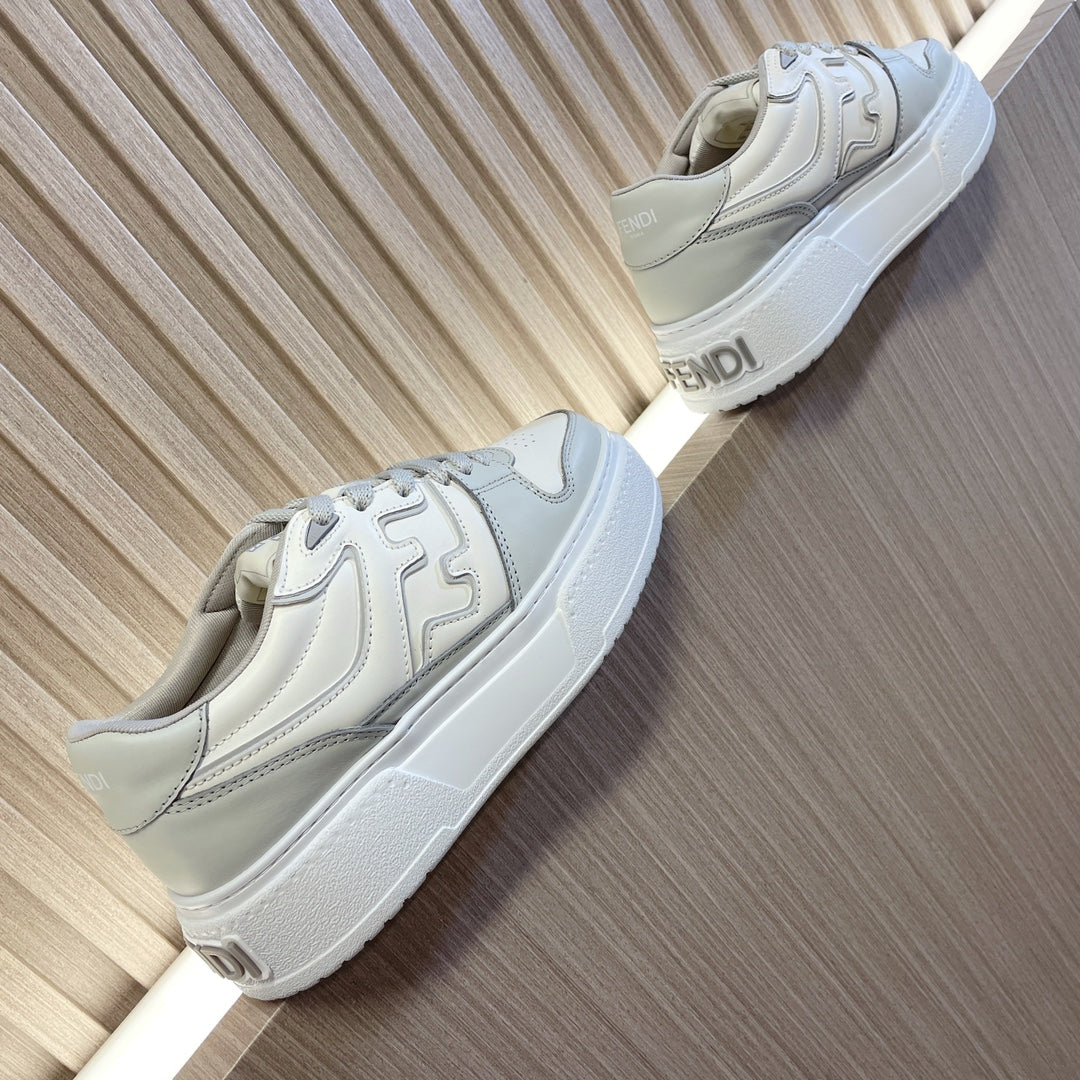 Fendi unisex low-top sneakers, white leather with logo on heel and thick sole