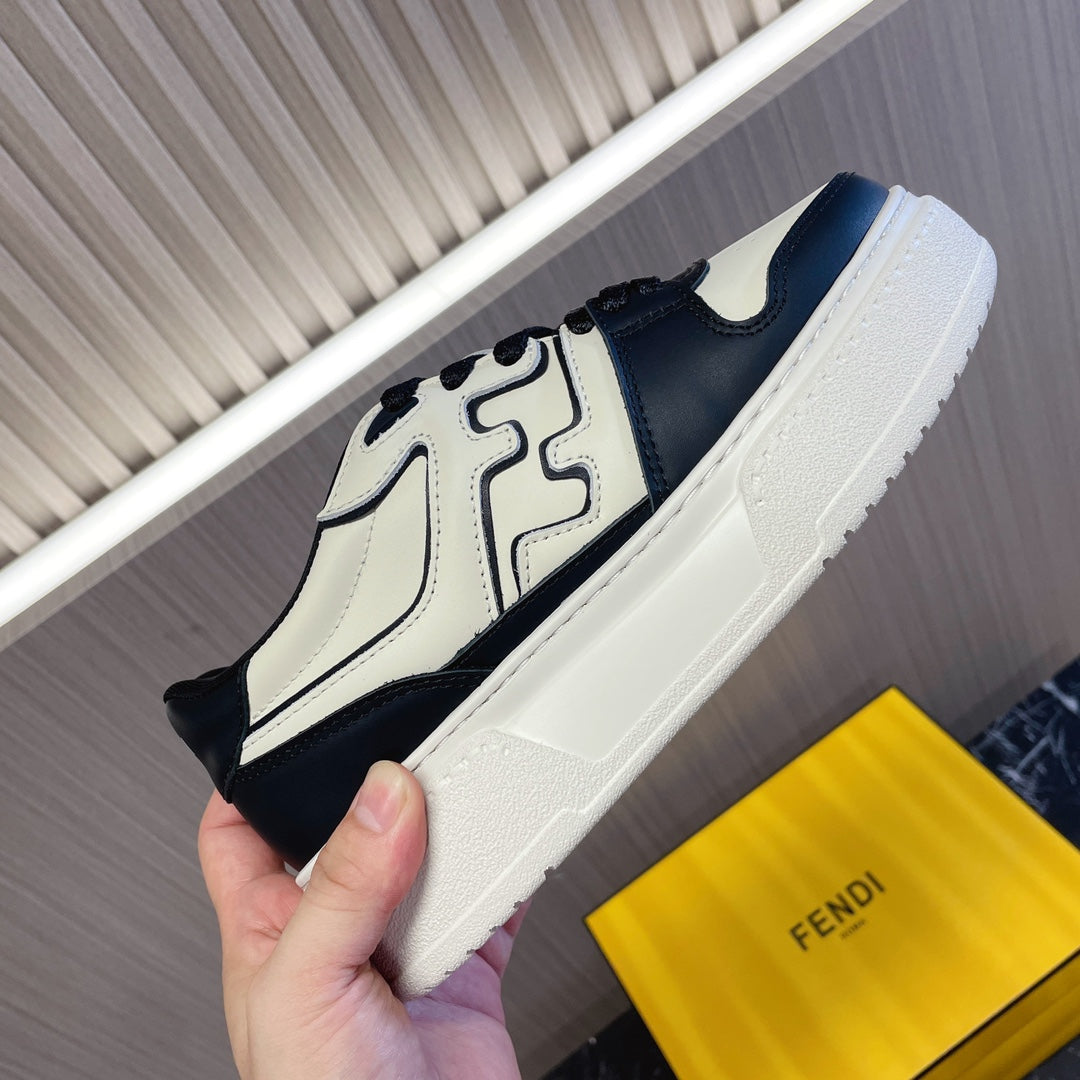 Fendi unisex sneakers, white leather with black side stripe and lace-up