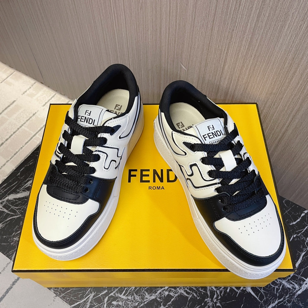 Fendi unisex sneakers on box, white with black laces and FENDI branding