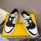 Fendi unisex sneakers on box, white with black laces and FENDI branding