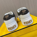 Fendi sneakers heel view with FENDI branding and dark tan logo uppers