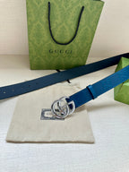 Blue leather belt with silver-tone GG buckle, with dust bag and box in view