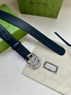 Gucci belt pair, dark blue straps with silver interlocking buckle and holes